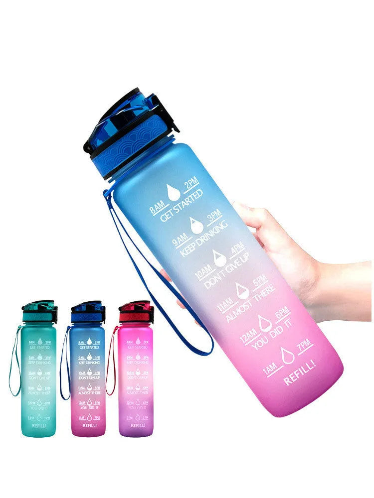 Clear plastic 1000ml sports water bottle with fruit infuser inside, in a Kawaii milk bottle shape.