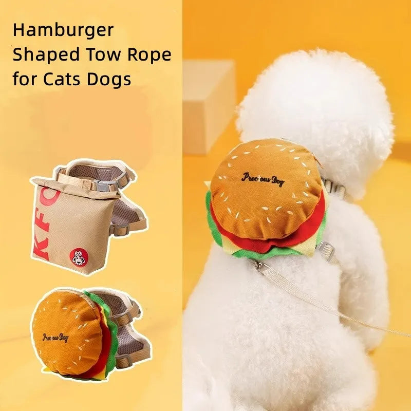 Cartoon hamburger design adjustable vest leash for a dog, showing the integrated rope and backpack-style harness.