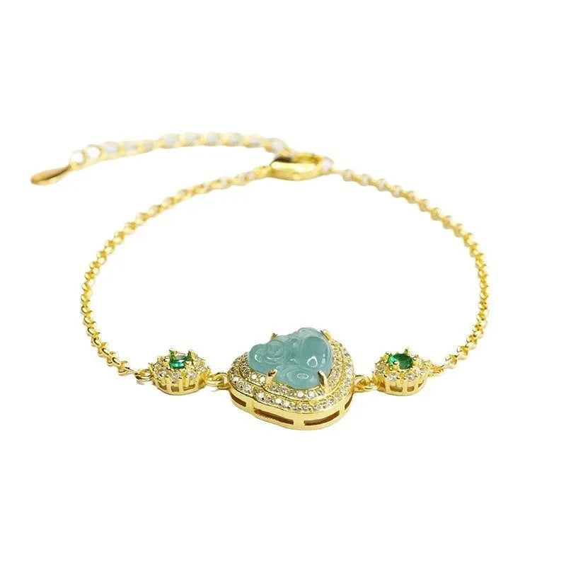 Emerald blue water jade bracelet with inlaid Maitreya Buddha charm measuring 10x13mm.