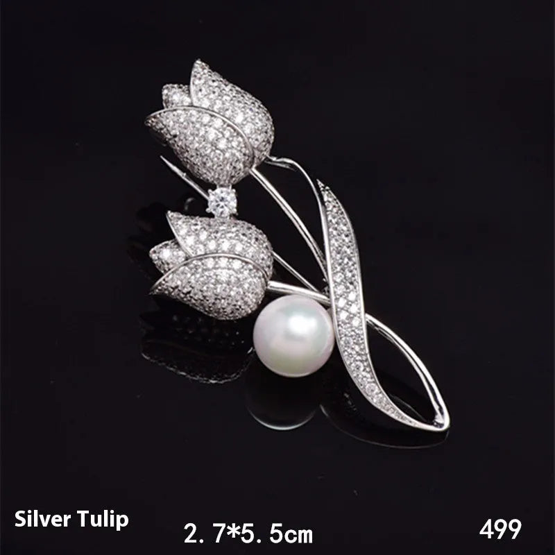 Women's fashion brooch with flower design featuring micro-inlaid zircon detailing in 181 silver tulip colour