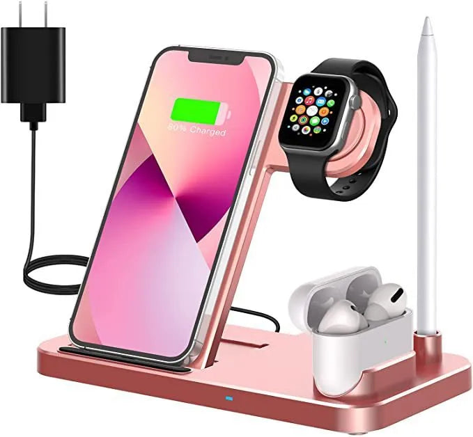 Black foldable 4-in-1 wireless charger showing MagSafe spot for iPhone and Apple Pencil charger, with EU UK US plug options.