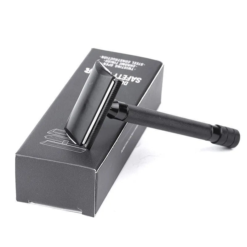 Traditional manual shaving razor and brush set in black or silver finish for beard grooming