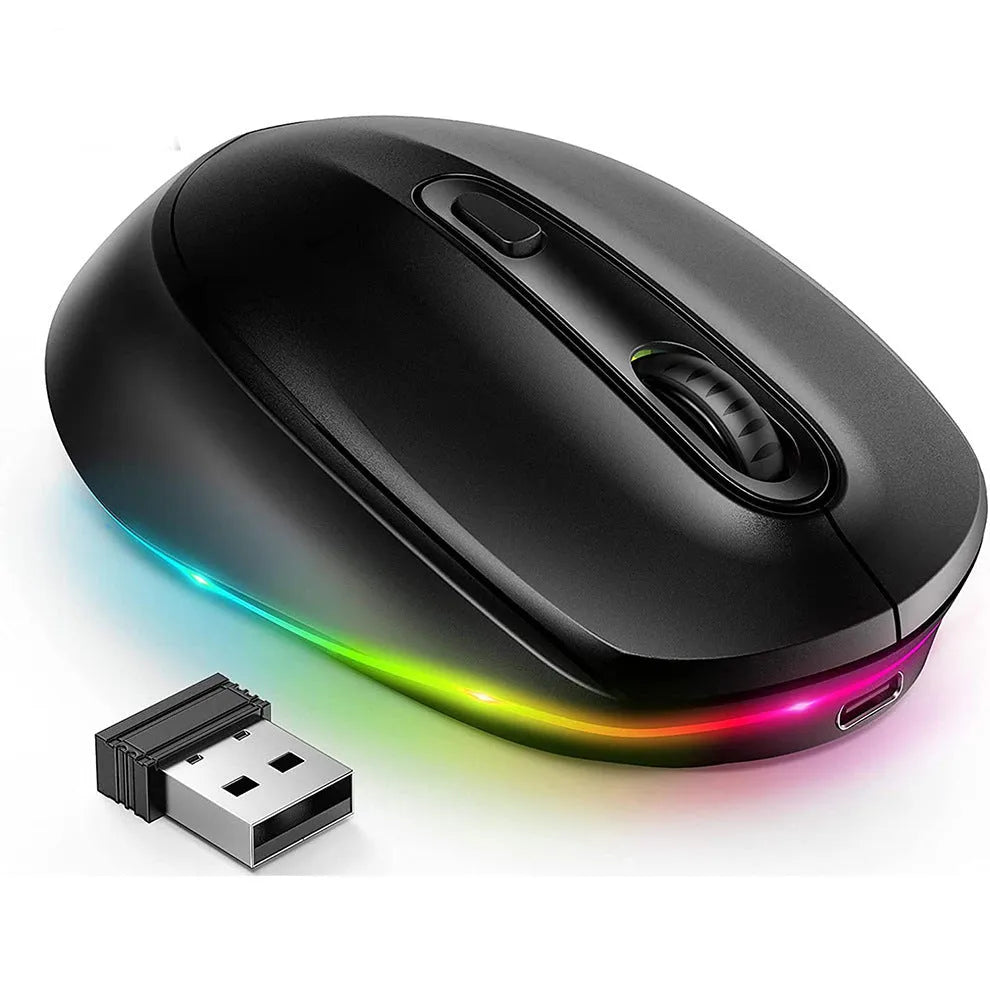 Rechargeable wireless mouse showing ergonomic shape, USB charging cable, and compact 108mm length design