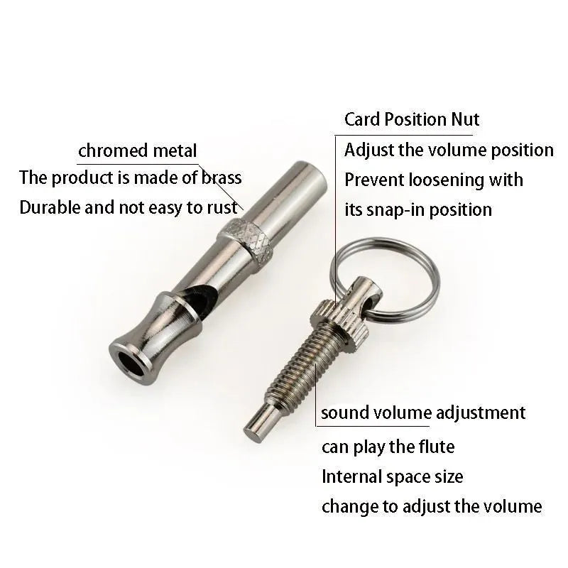 Metallic adjustable ultrasonic dog whistle for bark control and training with brass electroplated nickel construction