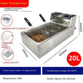 Commercial stainless steel deep fryer with large oil tank, temperature control dial, two frying baskets, and lid