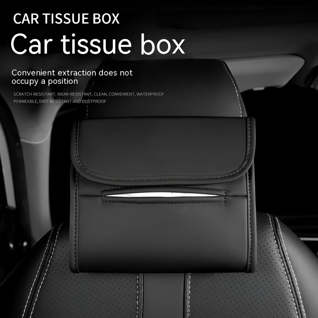 Brown leather car tissue box with elastic band, shown mounted on a car sun visor.
