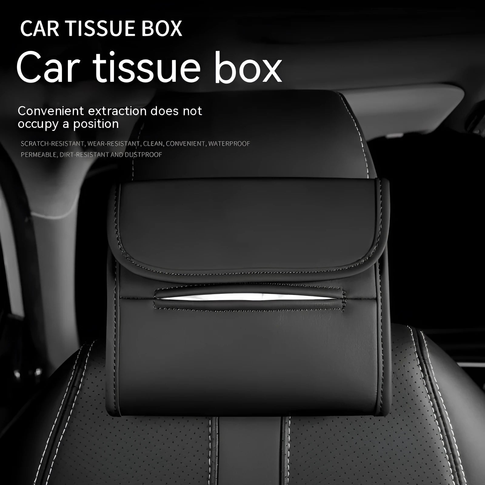 Brown leather car tissue box with elastic band, shown mounted on a car sun visor.