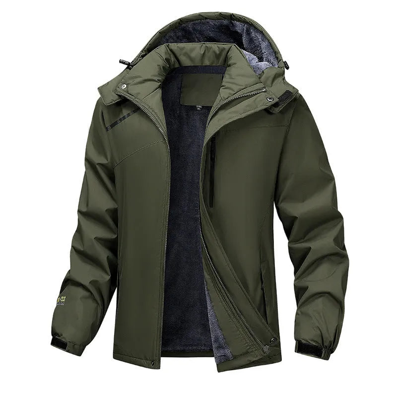 Men's plus size waterproof hooded coat in army green with visible hood and front zip