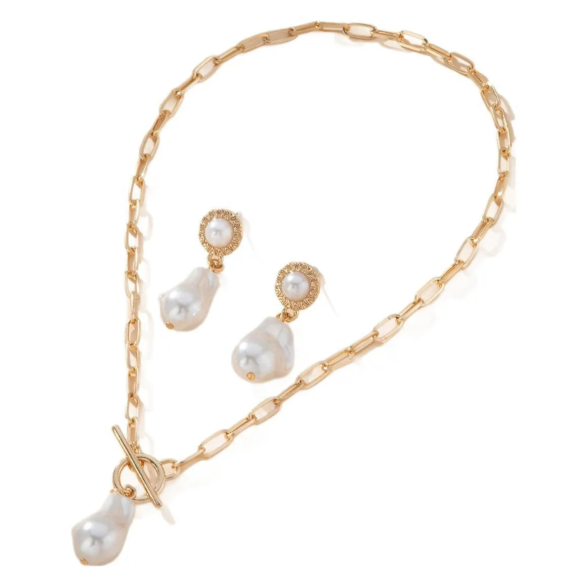 Gold colour baroque pearl pendant necklace and matching ear studs jewellery set