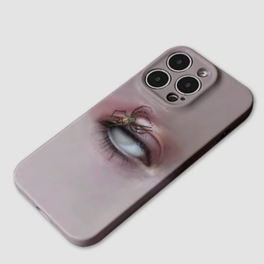 Dark heterochromatic spider pattern protective resin case for iPhone 15 Pro Max on a phone