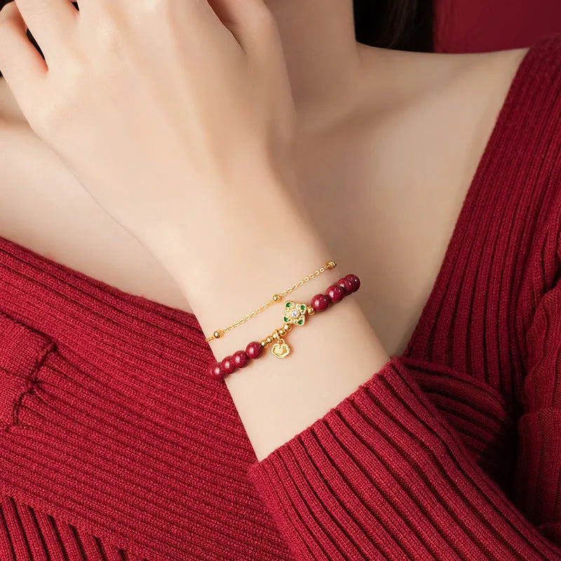 Women's sterling silver bracelet with Ruyi Xiangyun cinnabar flower traditional motifs