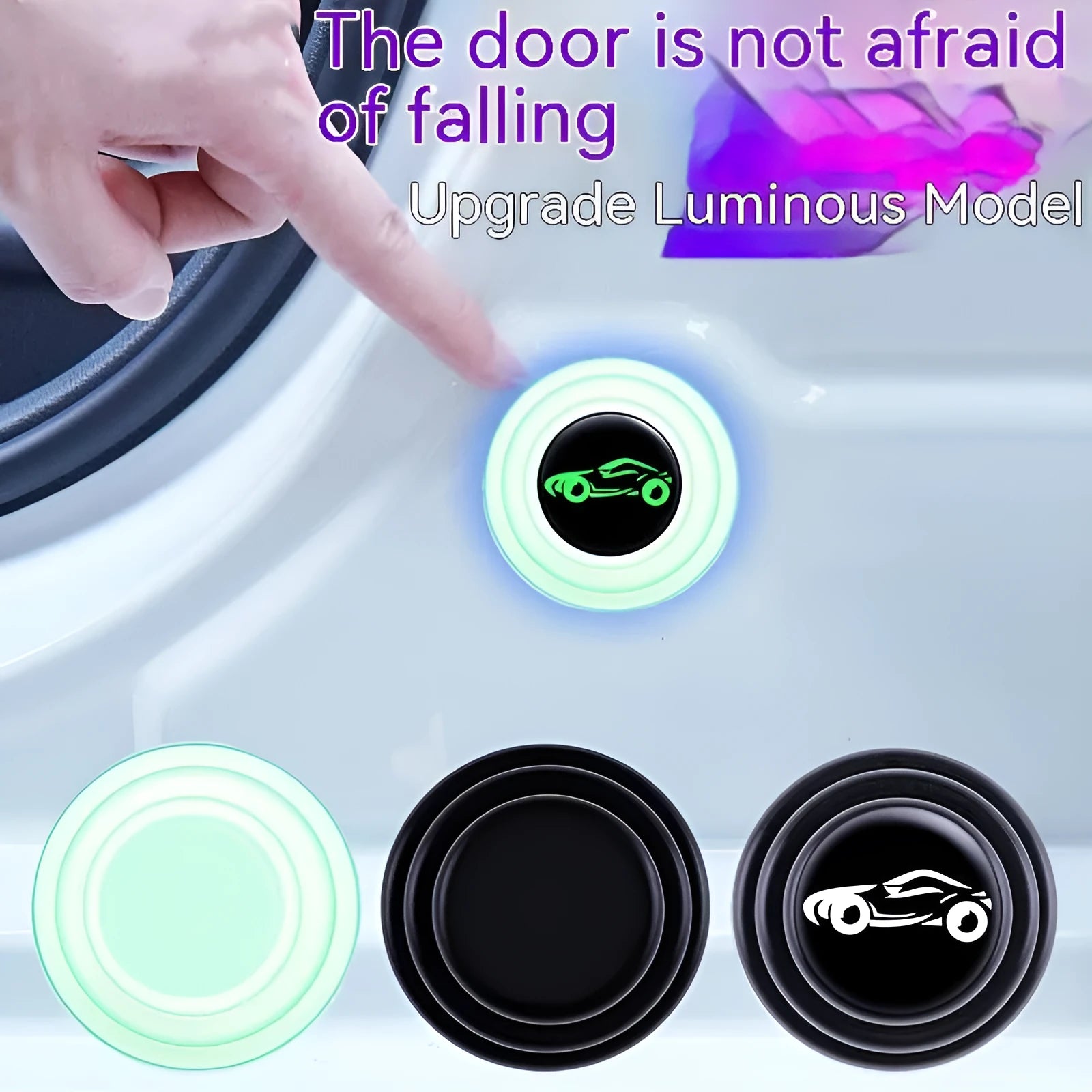 Black and luminous silicone car door edge protector pads showing 20mm width and adhesive backing
