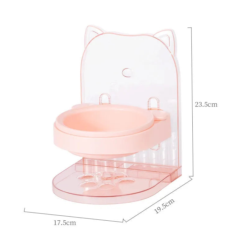 Grey cat bowl with anti-spill cat ear edges and removable hanging cage attachment for pet enclosures