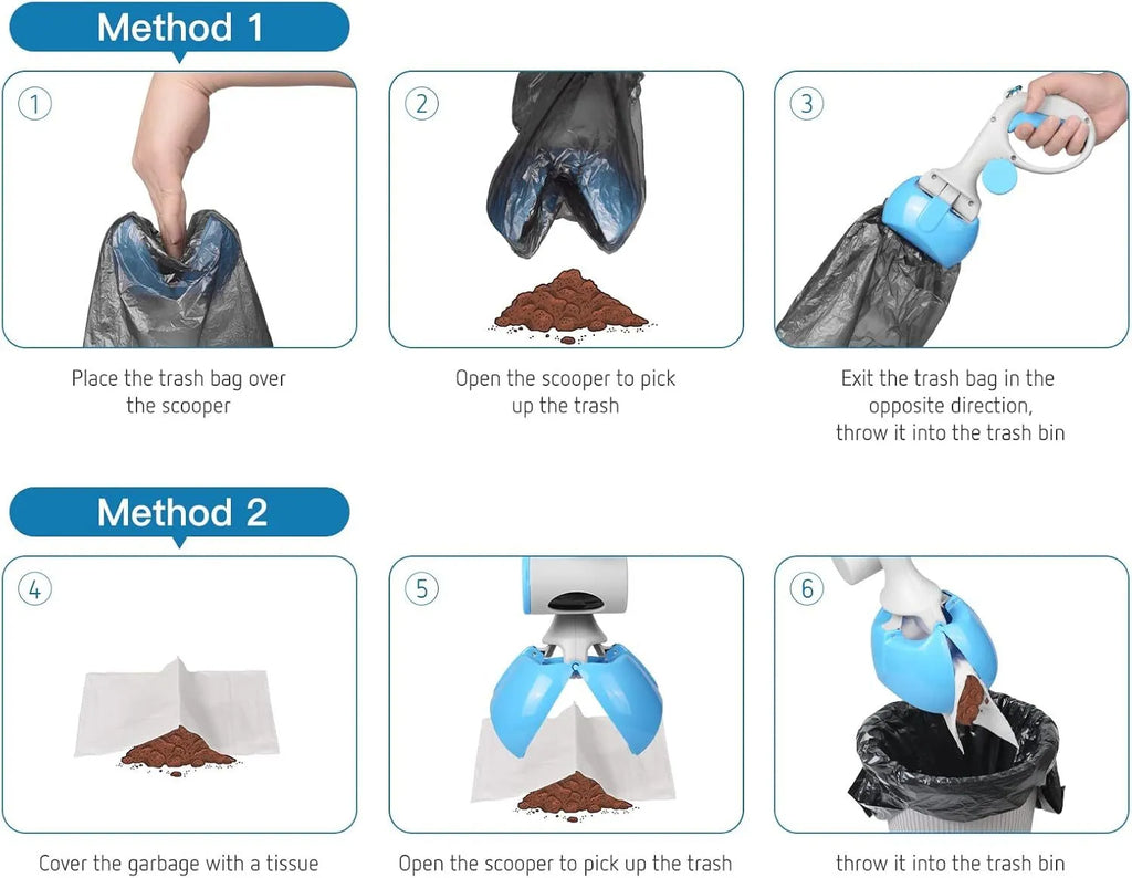 ABS plastic pet pooper scooper with integrated trash bag holder and top hanging hook