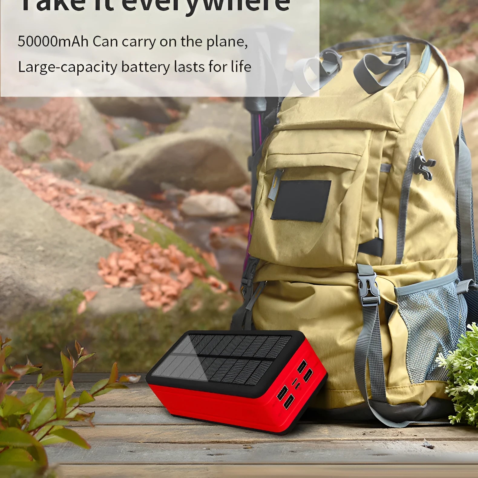 Large capacity solar wireless power bank in black with coloured accents showing solar panel and wireless charging surface