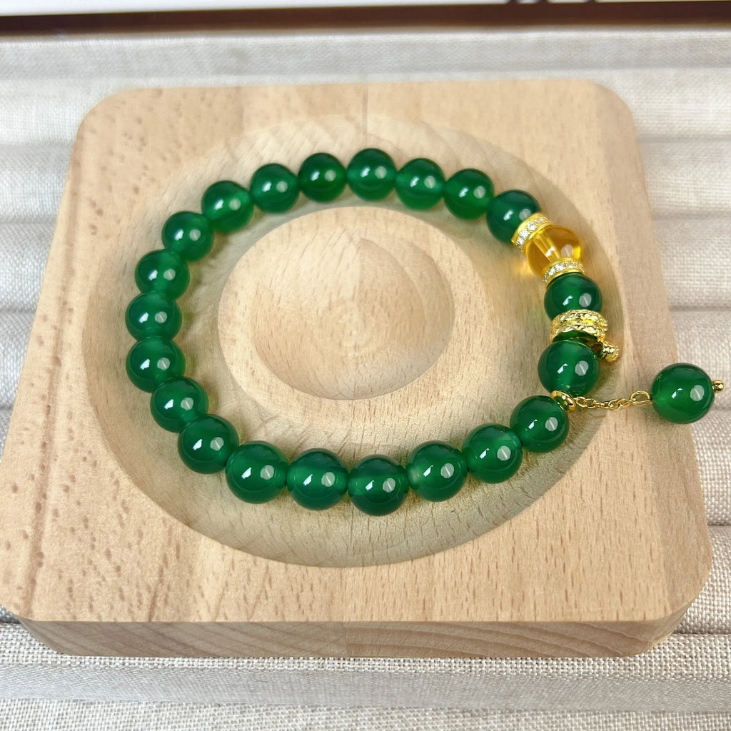 Green chalcedony and red agate wealth snake bracelet with copper links, geometric unisex design