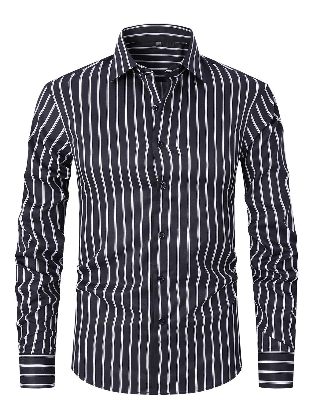Men's slim fit striped long sleeve business shirt in ice silk fabric on a hanger.