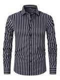 Men's slim fit striped long sleeve business shirt in ice silk fabric on a hanger.