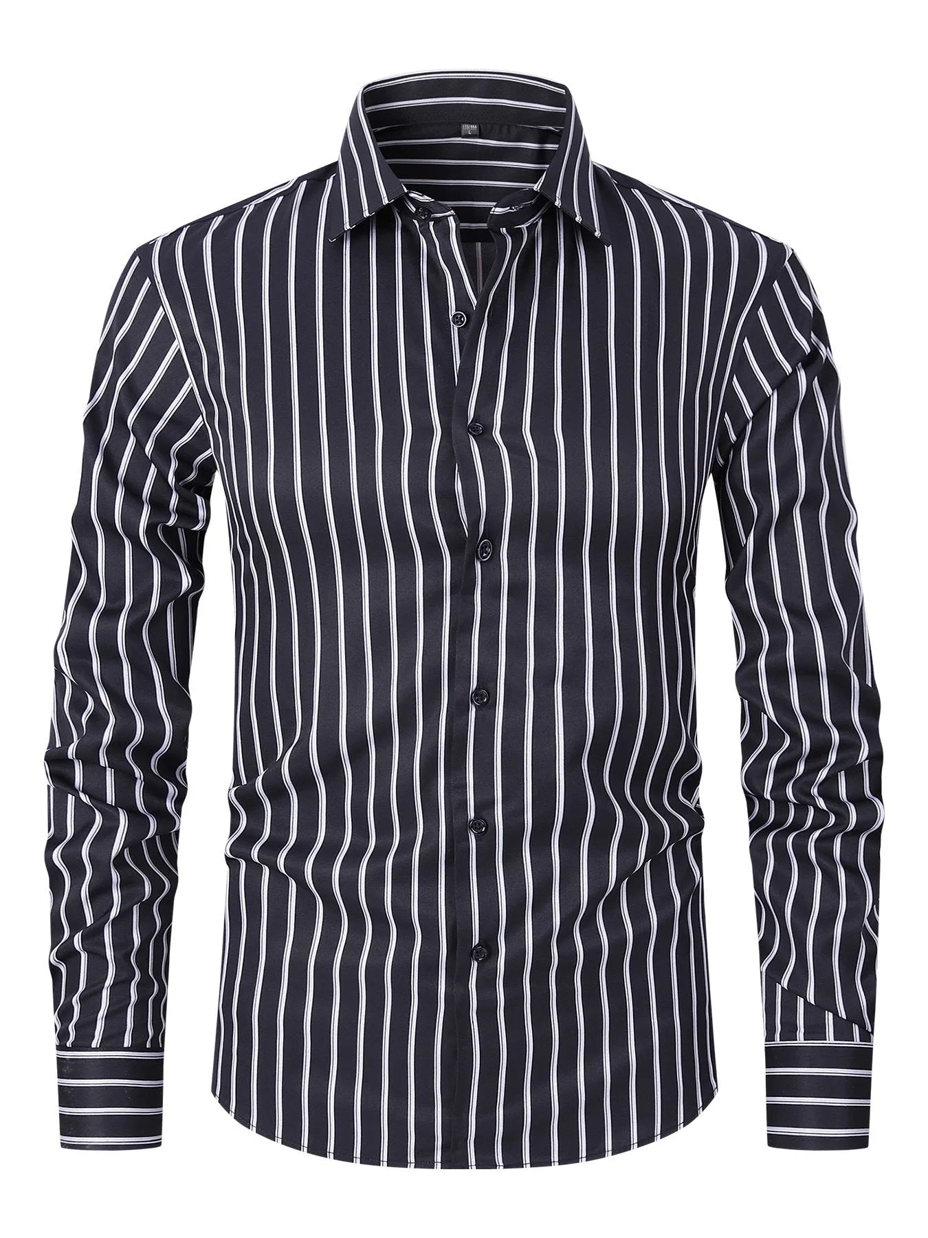 Men's slim fit striped long sleeve business shirt in ice silk fabric on a hanger.