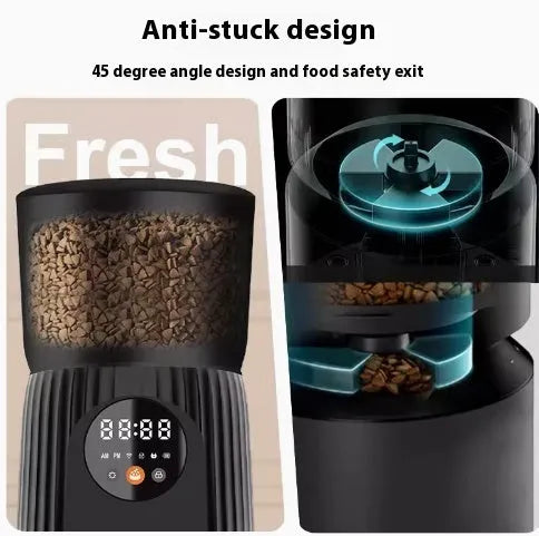 Black and white automatic pet feeder with smartphone app showing feeding schedule