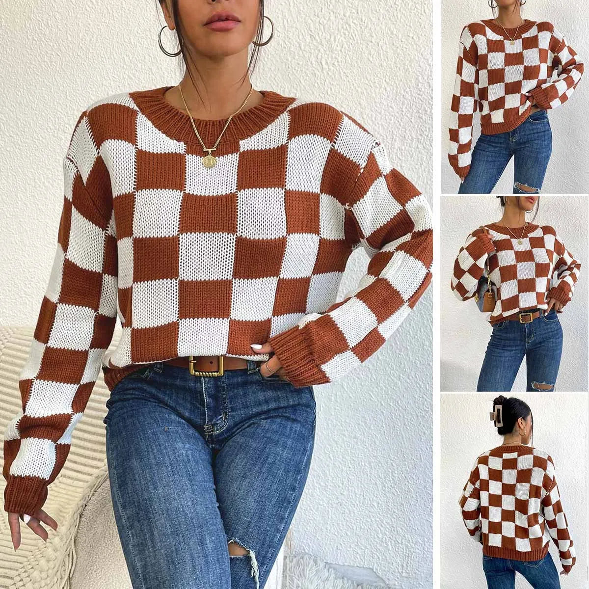 Dark brown loose pullover sweater with a chessboard plaid pattern and round neck.