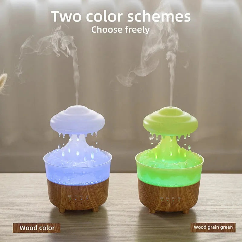 Rain cloud shaped humidifier with wood grain finish and LED night lights in column design