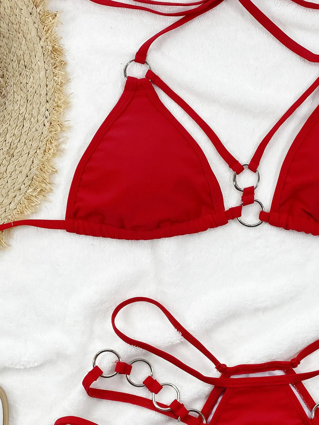 Women's separated bikini swimwear in red with matching shorts