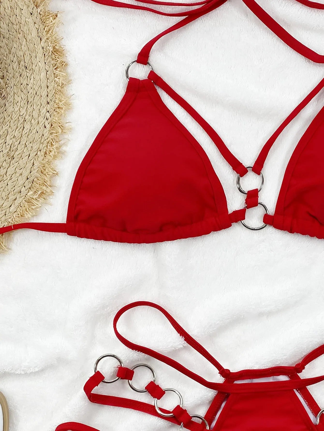 Women's separated bikini swimwear in red with matching shorts