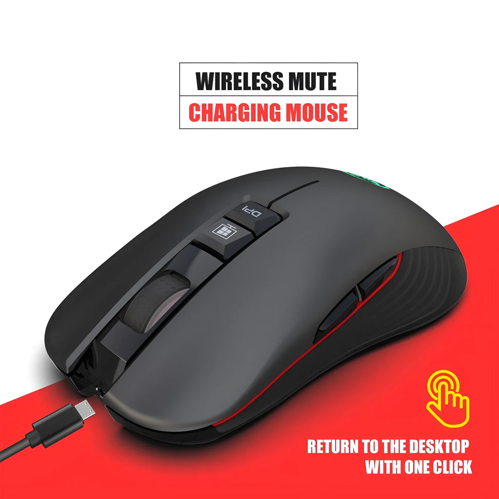 Black wireless gaming mouse with colourful breathing lights showing adjustable DPI settings and ergonomic design
