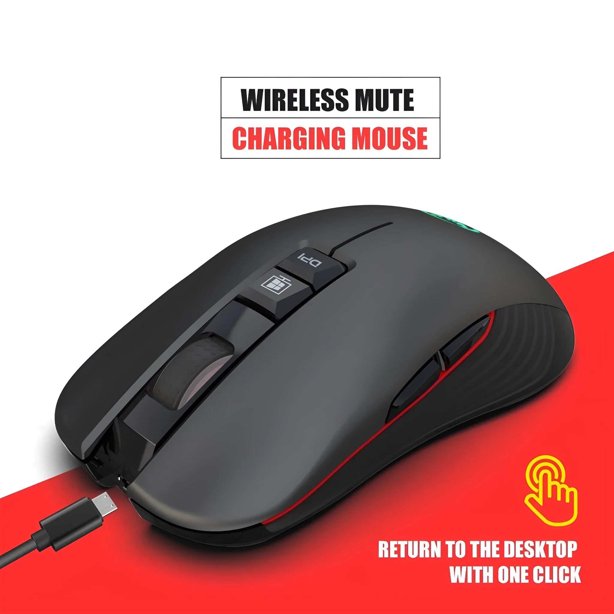 Black wireless gaming mouse with colourful breathing lights showing adjustable DPI settings and ergonomic design