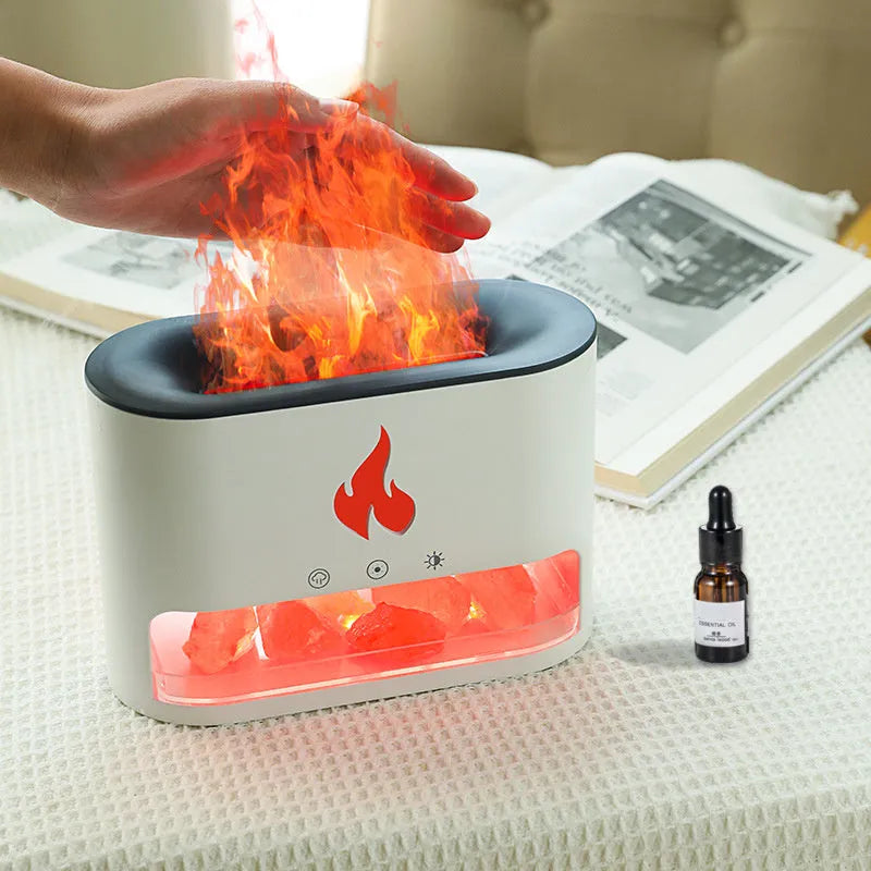 Square white desktop humidifier with a simulated 3D colourful flame light effect and a crystal salt stone.
