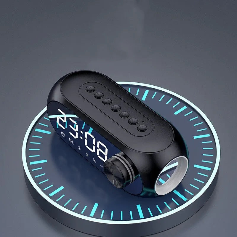 Extra Bass portable Bluetooth speaker with digital LED clock display in compact rectangular design