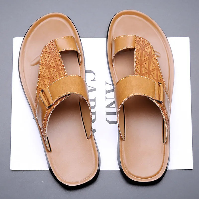 Men's casual beach slippers with cowhide upper and rubber sole in light brown colour
