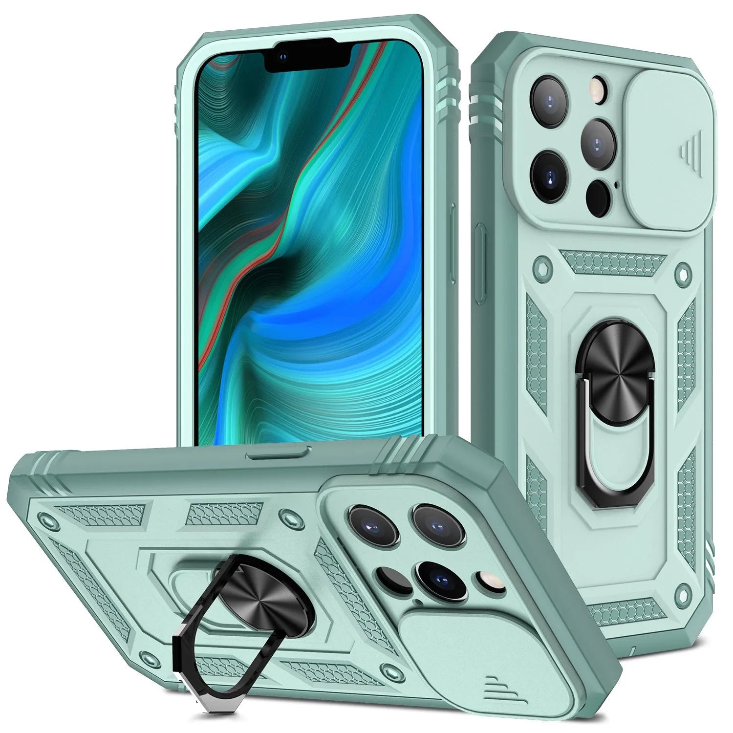 Clear magnetic iPhone case with extended sliding stand bracket in sapphire blue colour