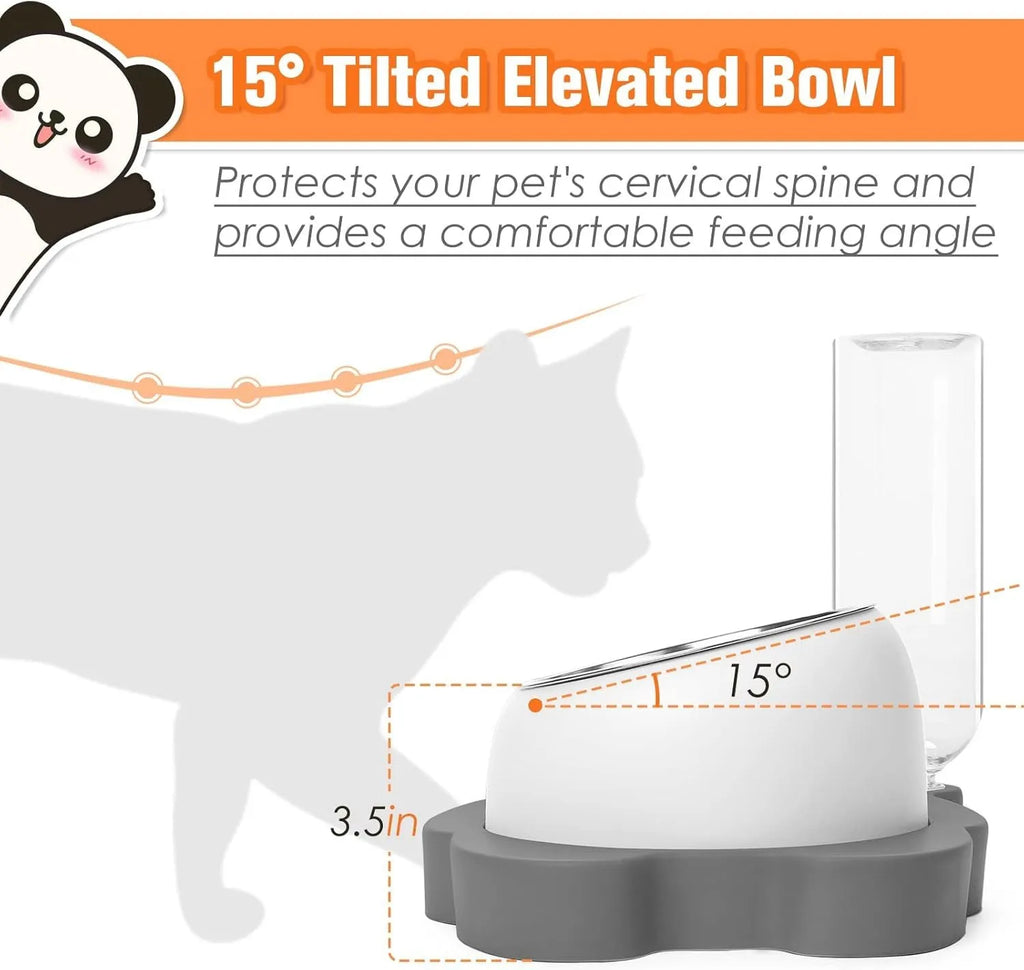 Grey and green panda-shaped elevated pet bowl set with tilted stainless steel bowls and a large automatic water bottle.