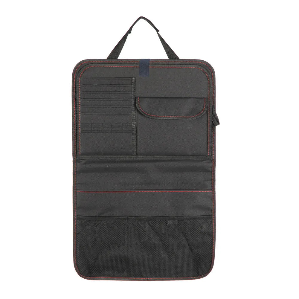 Car seat back storage bag in black Oxford cloth with multi-pockets, hanging on car seat back, 38x60cm