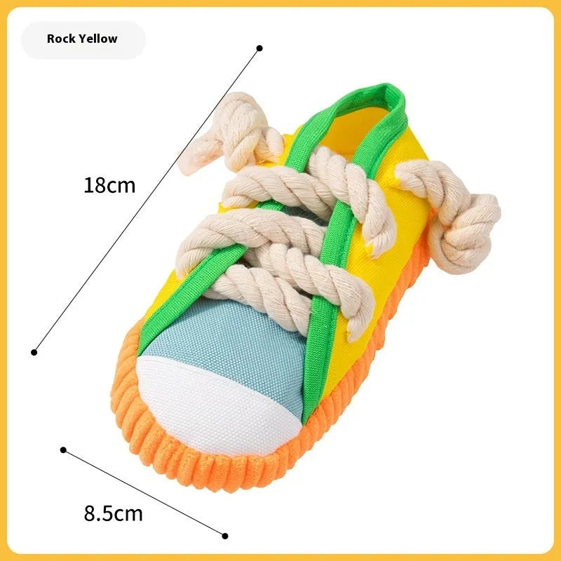 Colour options for a plastic sound slippers dog toy: rock yellow, black, and sea fog blue.