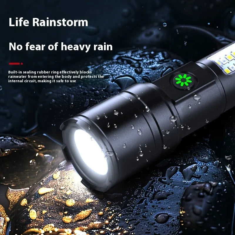 Black aluminum alloy USB rechargeable flashlight with optical zoom on table