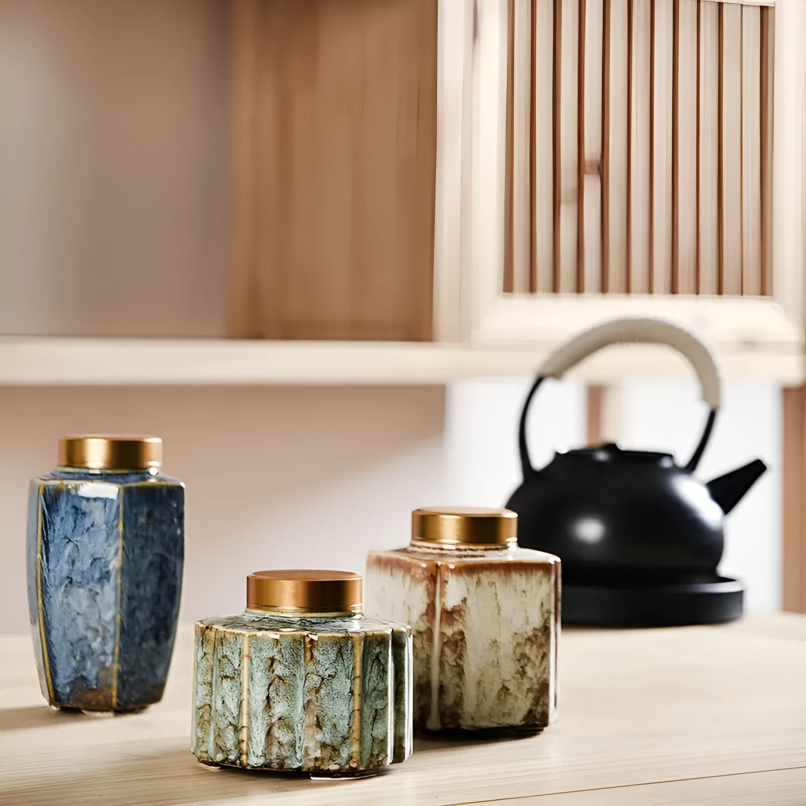 Ceramic tea pot storage tank with coloured glaze and lotus leaf motif in multiple colour options