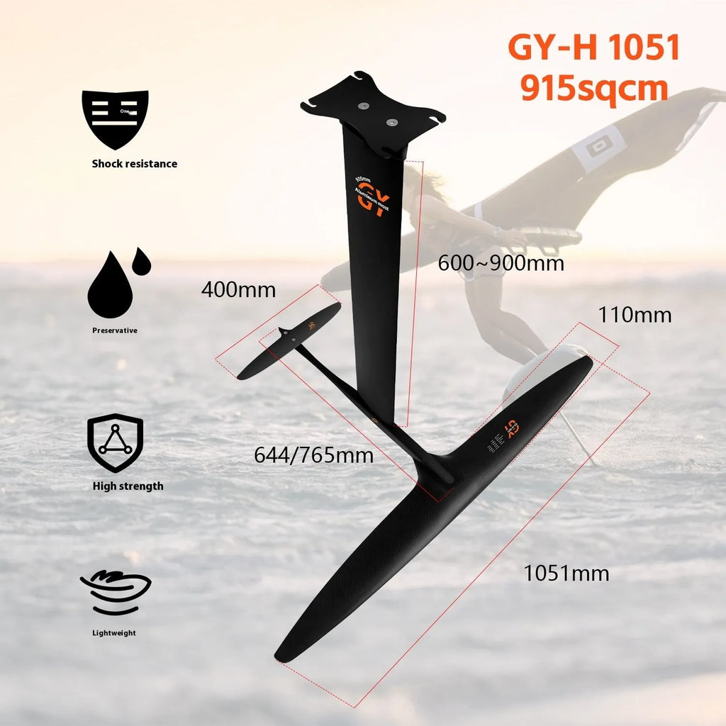 Black carbon fibre and aluminium alloy racing surf hydrofoil with a large 1051mm front wing.