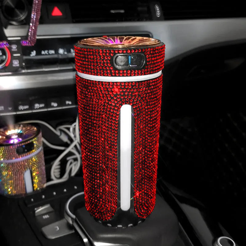 Rhinestone car humidifier with colourful LED lights, 15cm portable design for auto aromatherapy