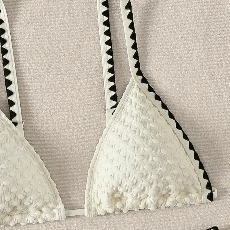 Women's sexy split bikini swimsuit in white or blue colour with brief style design