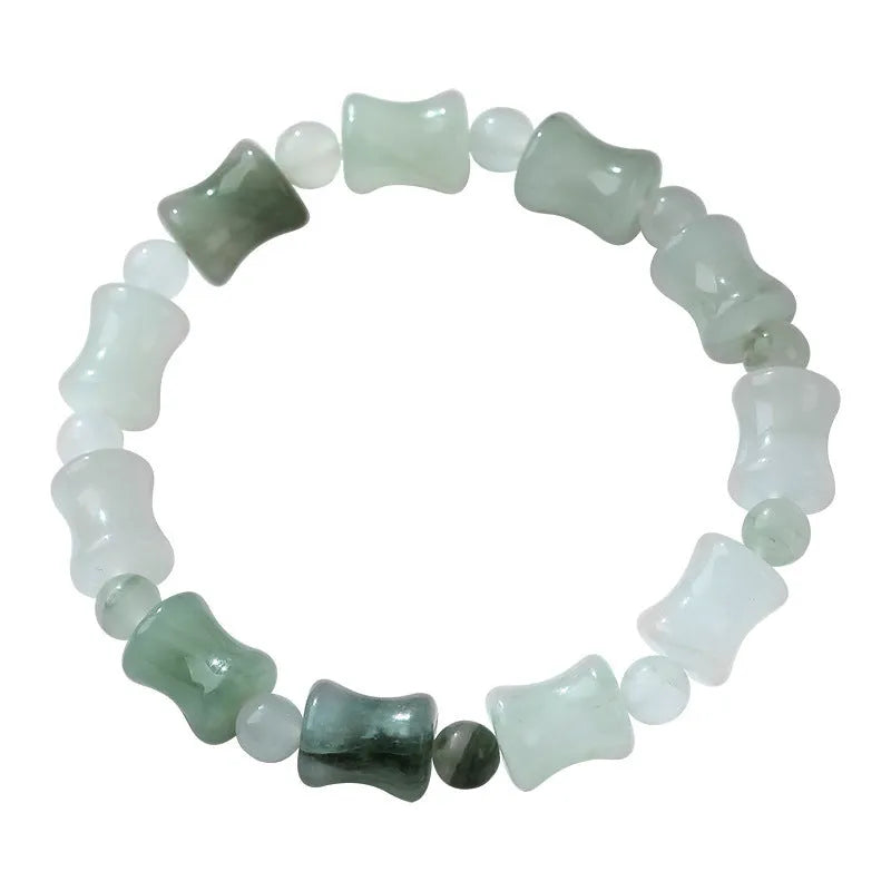 Korean style beaded bracelet with diamond shaped chalcedony and coconut shell beads on an elastic cord.