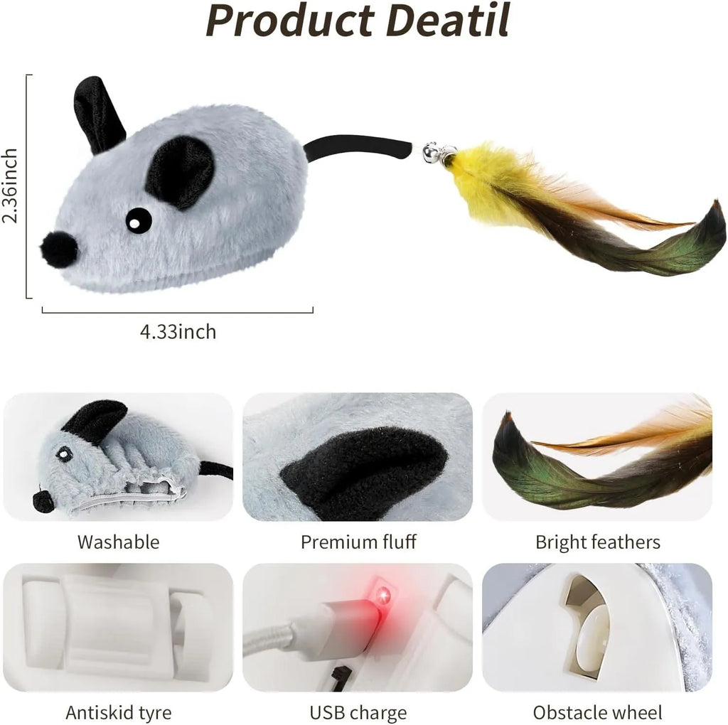Grey and yellow interactive electronic cat mouse toy with feather tail and LED lights