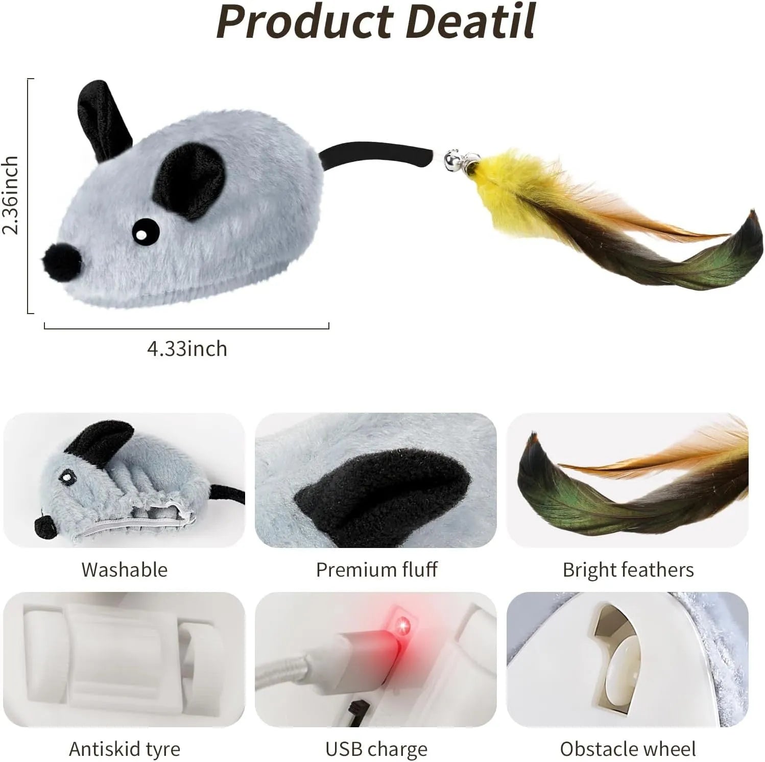 Grey and yellow interactive electronic cat mouse toy with feather tail and LED lights