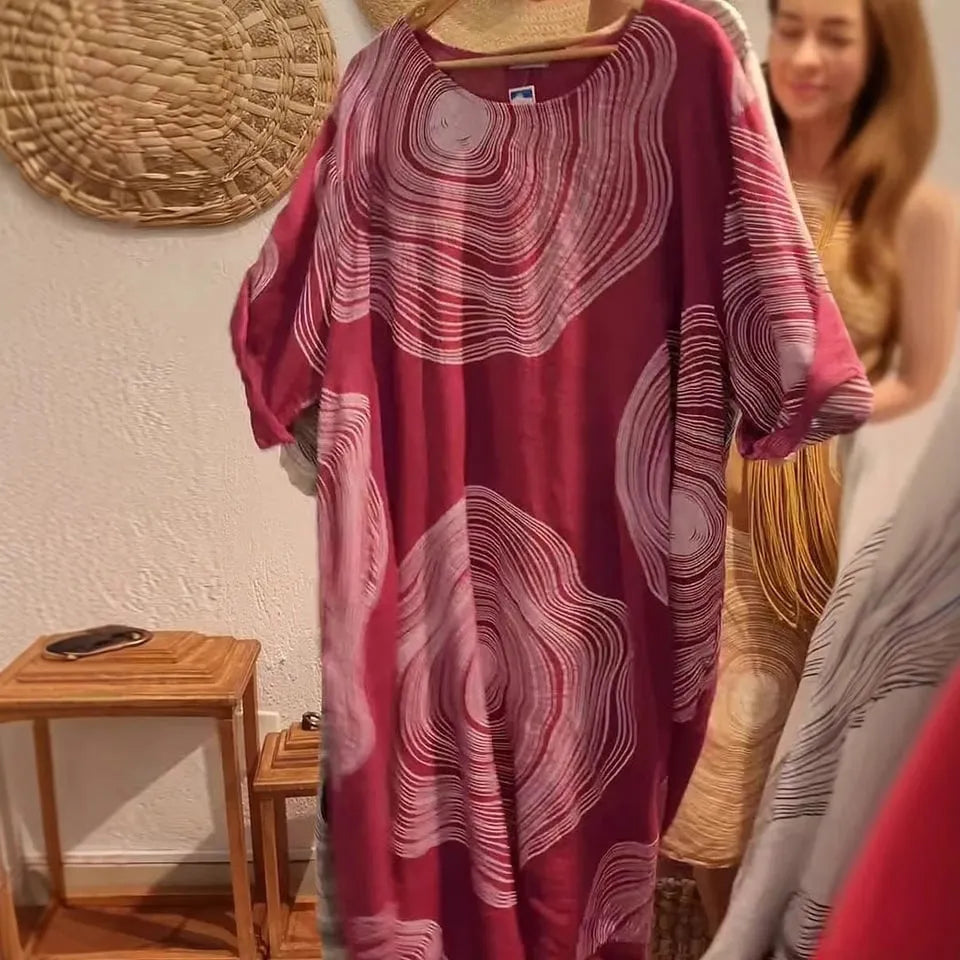 Women's round neck abstract print sleeve dress with A-line skirt in red, white, burgundy, apricot, light green, orange