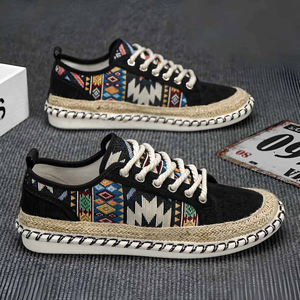 Men's casual summer shoes with cloth upper in black or beige colour, round toe design