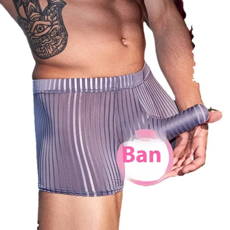 Men's black and white striped nylon boxer briefs laid flat, showing free size elastic waistband.