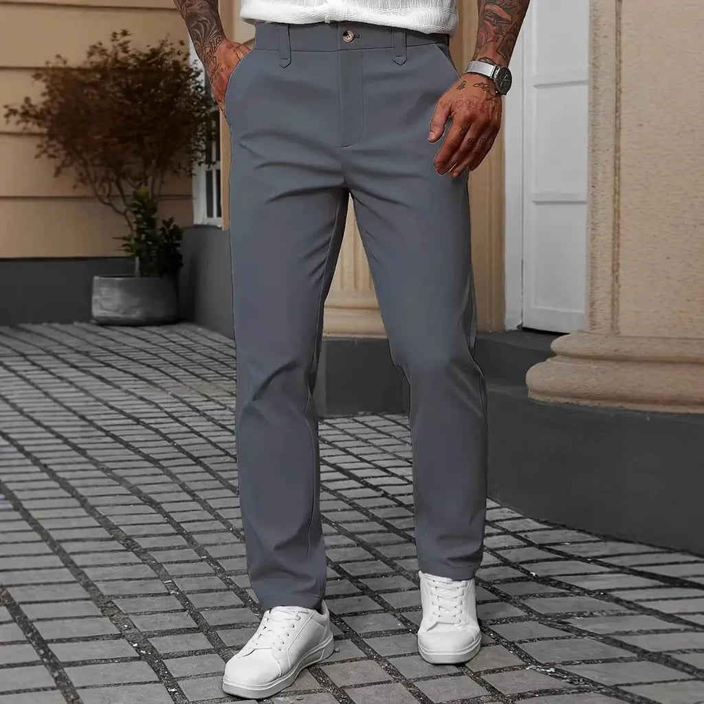 Men's straight leg business trousers in polyester available in black, apricot, white, and grey colours
