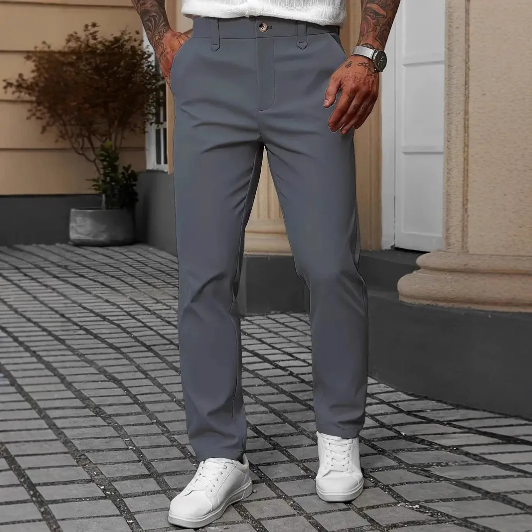Men's straight leg business trousers in polyester available in black, apricot, white, and grey colours